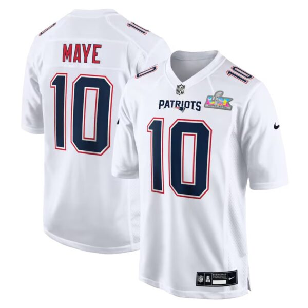 Men's New England Patriots #10 Drake Maye White Super Bowl LX Patch Tundra Fashion Game Jersey
