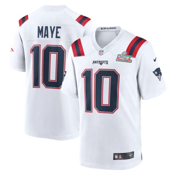 Men's New England Patriots #10 Drake Maye White Super Bowl LX Patch Game Jersey