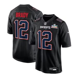 Men's New England Patriots #12 Tom Brady Black Super Bowl LX Patch Carbon Fashion Game Jersey